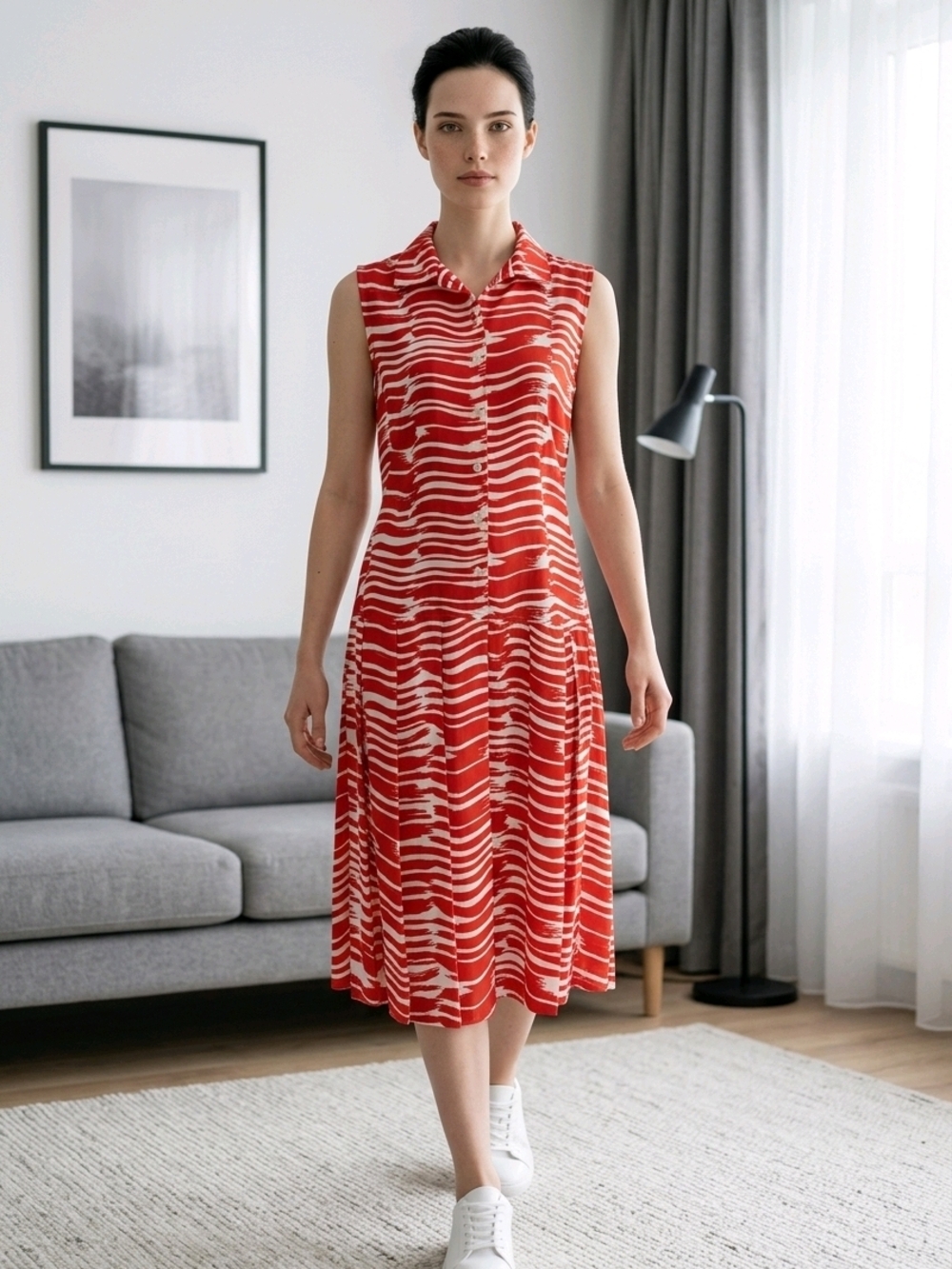CAbi Red and White Wave-Print Sleeveless Midi Dress